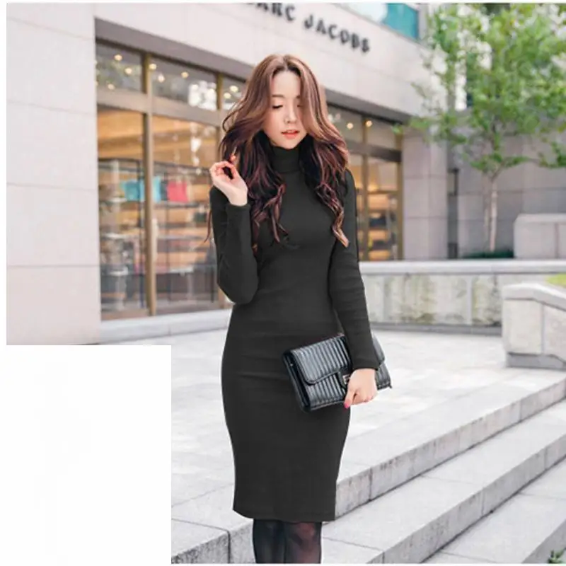 Мода 2019 новое осенне зимнее платье женское тонкое с длинным рукавом повседневное