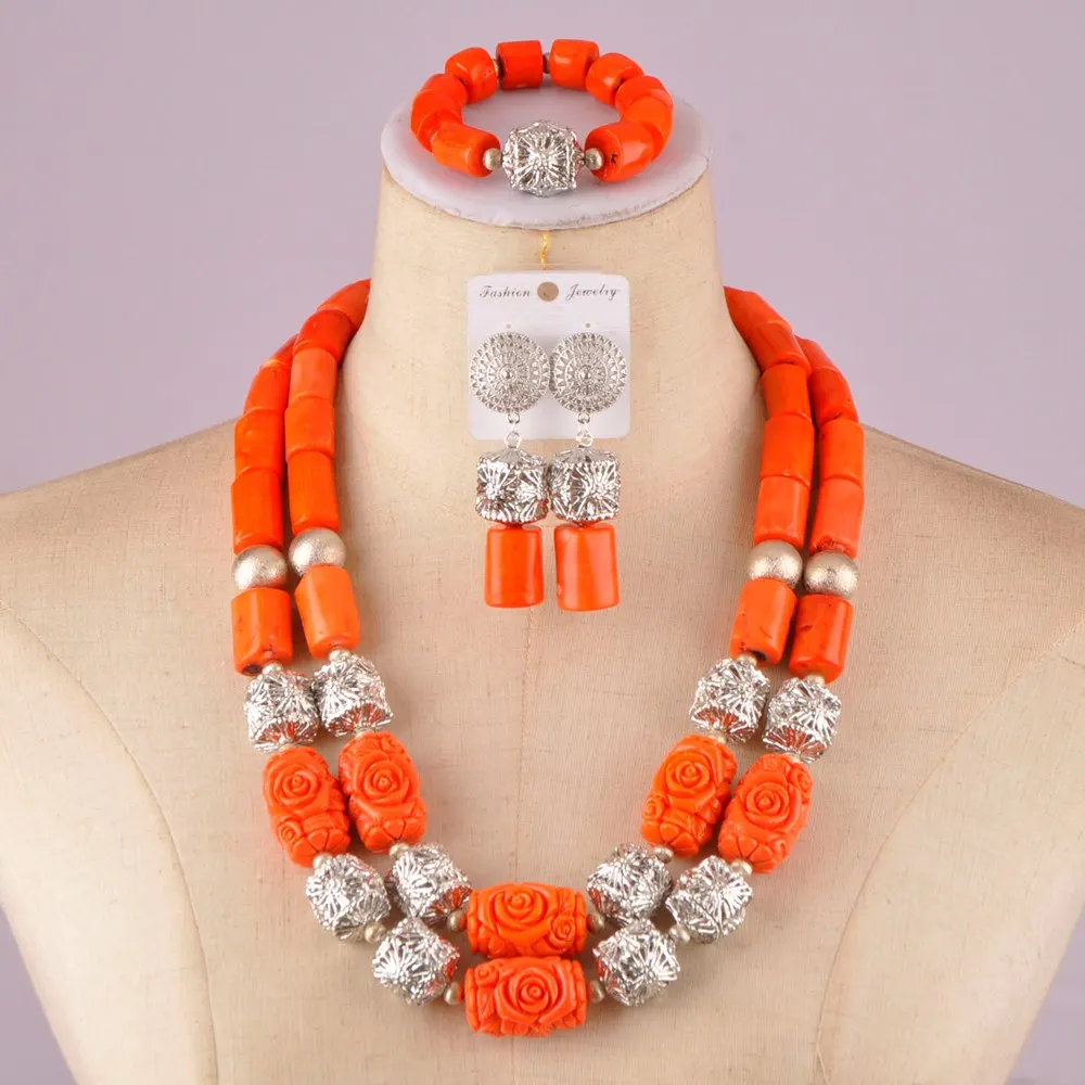 

graceful nigerian wedding set orange coral beads african necklace jewelry set C21-27-07
