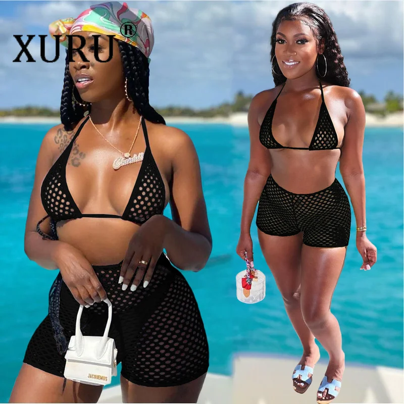

XURU Casual Sexy Mesh Summer Bikini Halter Swimsuit Three-piece Bohemian Beach Bikini Set