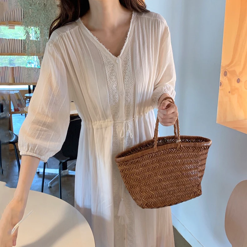 

Korejpaa Women Dress 2021 Summer Korean Chic Ladies Elegant Temperament V-Neck Lace Stitching Lace-Up Long-Sleeved Vestidos