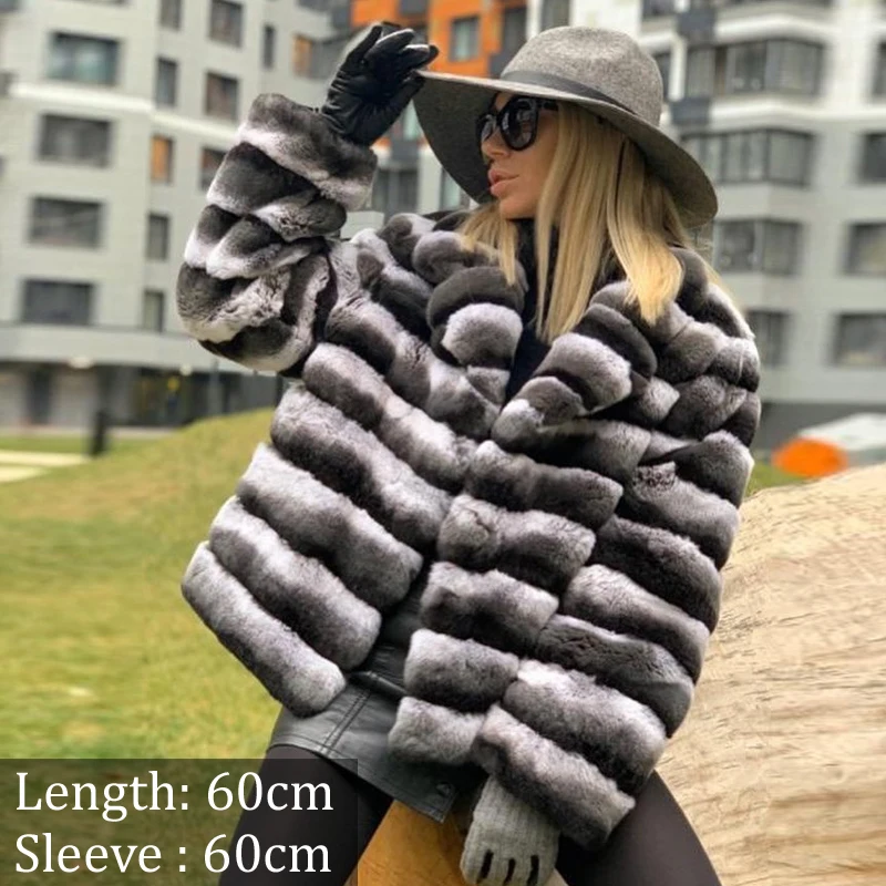 Women Real Rex Rabbit Fur Coat with Hood Winter Fashion Medium Length Natural Rex Rabbit Fur Jacket Chinchilla Color Overcoats