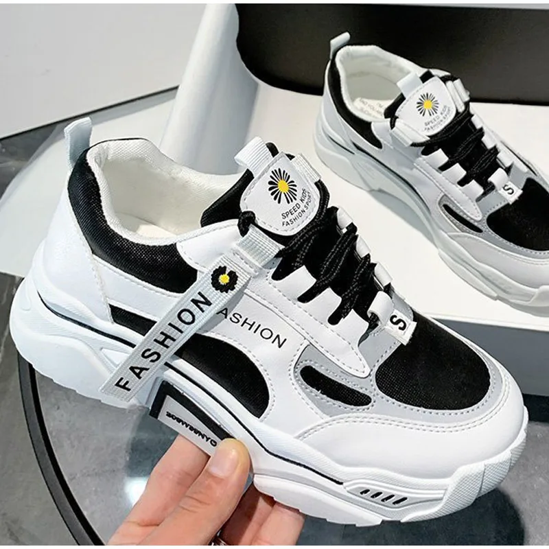 

Daddy Shoes Thick Bottom Women's Vulcanized Shoes Fashion Reflective Patchwork Lace Up Female Sneakers Korean Woman Autumn Shoes