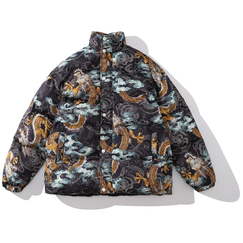 

Men Hip Hop Parka Jacket Streetwear Dragon Cloud Print Padded Coat Harajuku Puffer Casual 2021 Winter Thick Fashion Warm Jacket