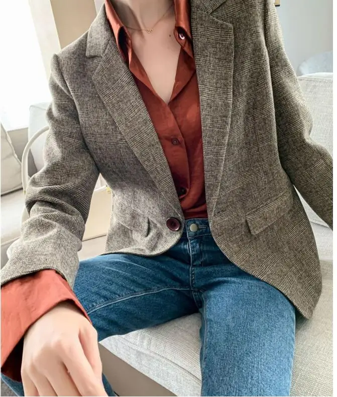 Женский блейзер в клетку Ms. весенний приталенный шерстяной Повседневный