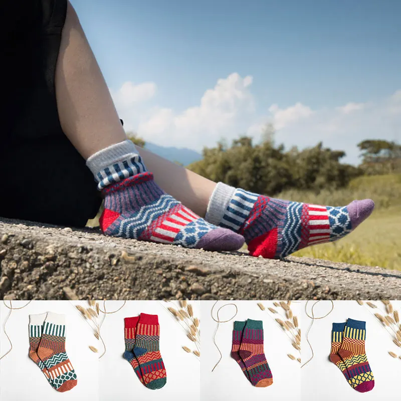 

Comfortable Floor Mid-tube Socks Ethnic Style Thickened Women Girls Socks Winter Warm Colorful Stripe Cozy Sleep Socks New