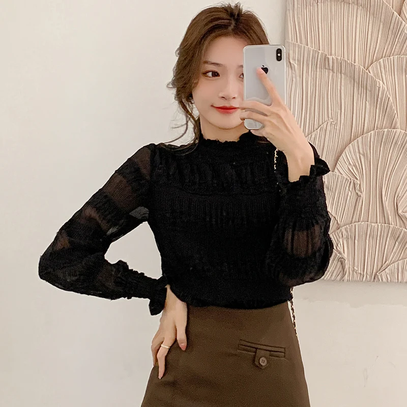 

Женская Зимняя Блузка, новинка 2021, повседневные плиссированные шерстяные черные обычные блузки с длинным рукавом, Женские топы и блузки