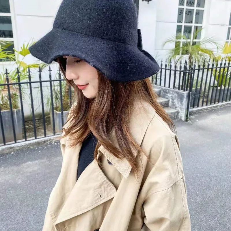 

Bucket Lady's Fisherman Hat Luxury Bob 2021 Fashion Winter Woolen Warm Bowknot Hip Hop Basin Hat Outdoor Wild Thick Knit Hat