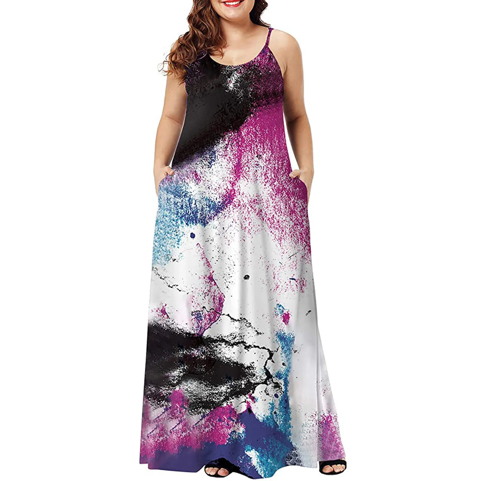 

2021 Dress Women Casual Sleeveless Camisole V-neck Print Tank Long Dress Plus Size 2xl Vestidos Boho Hippie Chic Long Dress C2