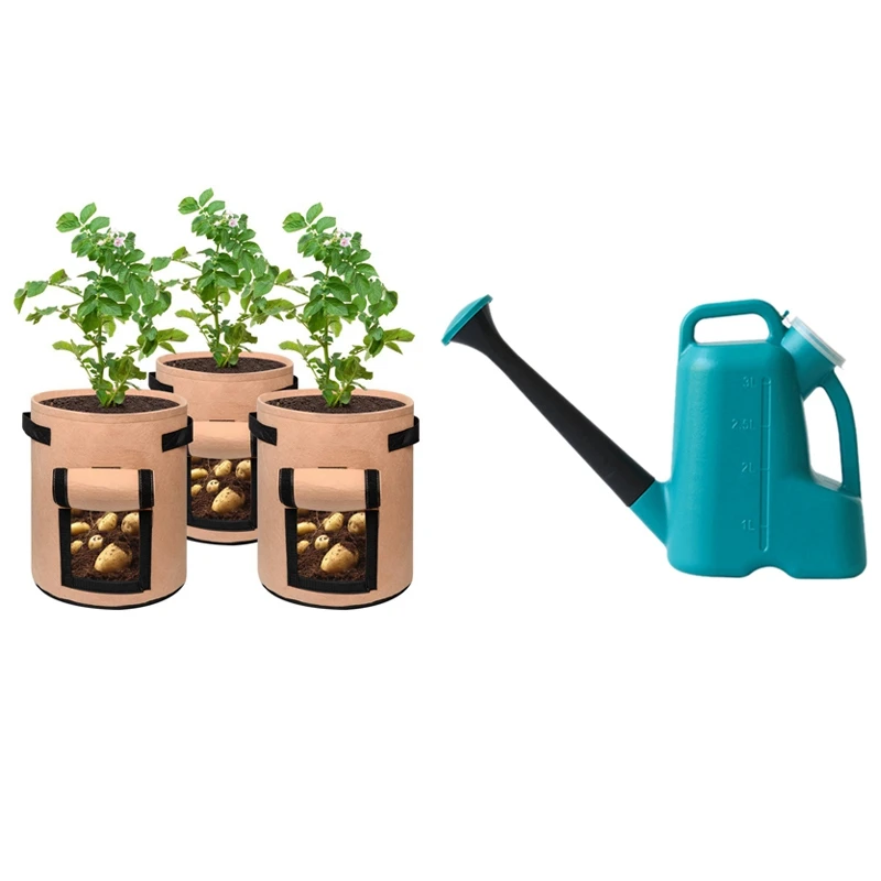 

3X Potato Grow Bags 7 Gallon Garden Planting Bag & 1X 3L Plastic Watering Can Large Capacity Long Mouth