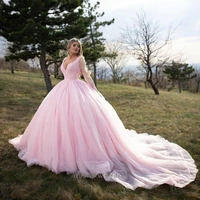fantastic pink ball gown quinceanera dresses sexy v neck long sleeve beaded lace princess prom dress tulle long formal evening