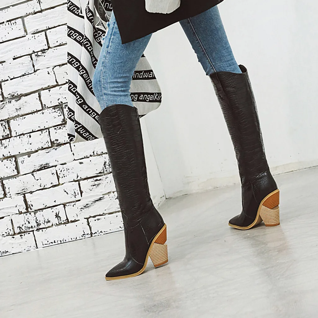 winter new women's Boots leather high-heeled boots Pointed Toe boots fashion Comfortable Western Rodeo Long Boots#913