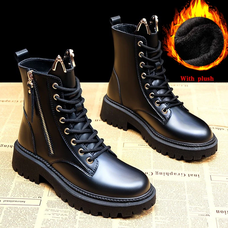 

Новые женские кожаные мотоциклетные ботинки на молнии теплые плюшевые ботильоны женские зимние ботинки женские повседневные готические б...