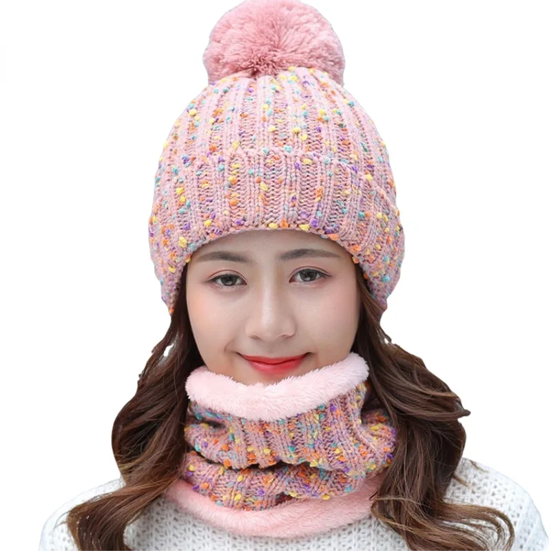 

Autumn Winter knitted Beanies Hat Women Velvet Thick Warm Wool Skullies Cap Bib Female Bonnet Beanie Caps Windproof Riding Sets