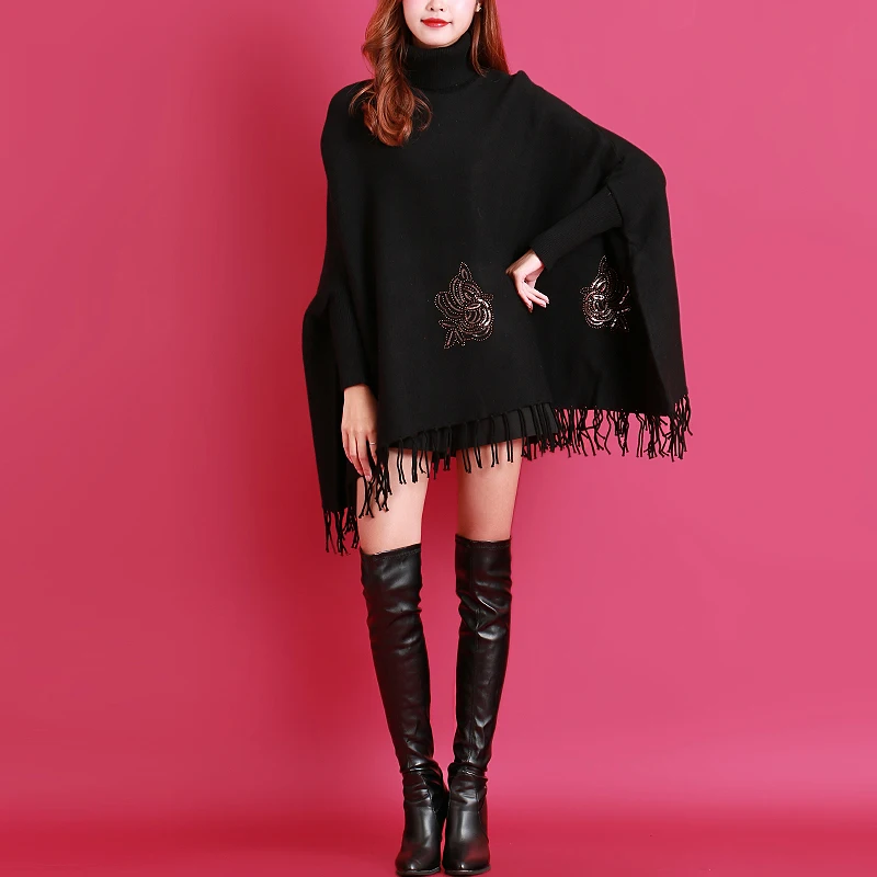 

Wholesale Turtleneck Crochet Lady Sweater Poncho Tassel Cape Patterns Embroidery Letter Pullover Shawl Scarves Women Trench Coat