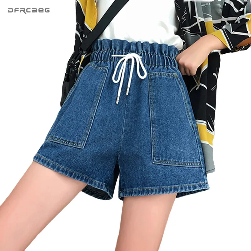 

Blue Plus Size Women Denim Shorts 2020 Casual Elastic High Waist Vintage Ladies Summer Jeans Shorts Female 4XL 5XL