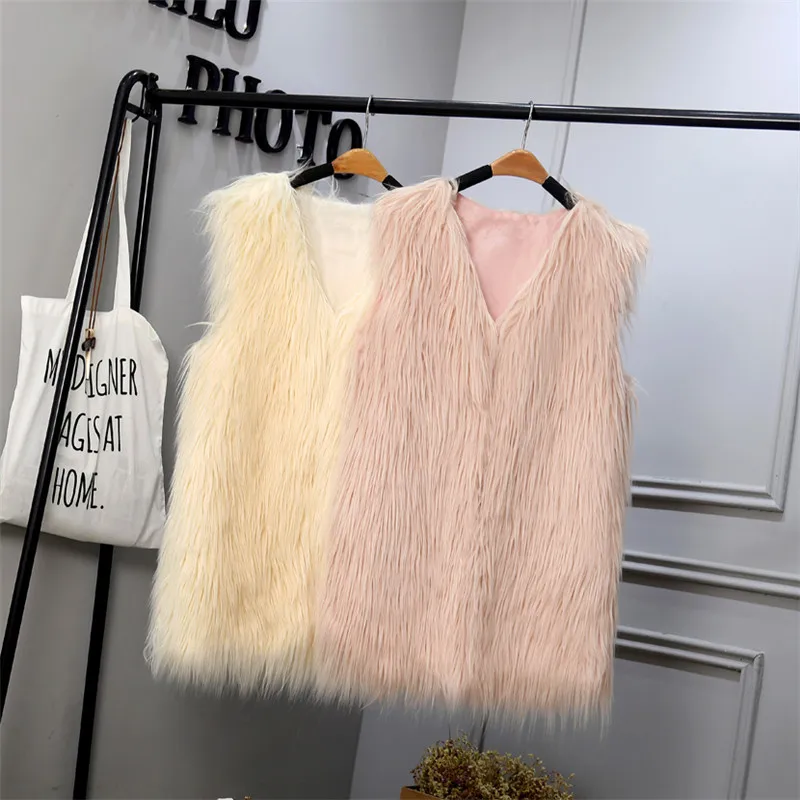 Новинка S/3Xl женские длинные жилеты из искусственного меха зима-осень пушистые меховые куртки без рукавов с v-образным вырезом Модные жилеты из искусственного меха J3047