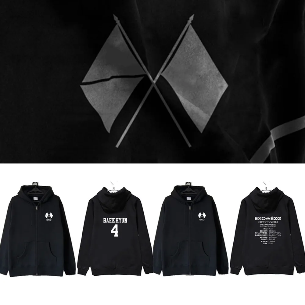 Корейская версия куртка с капюшоном EXO на молнии для мужчин и женщин толстовка