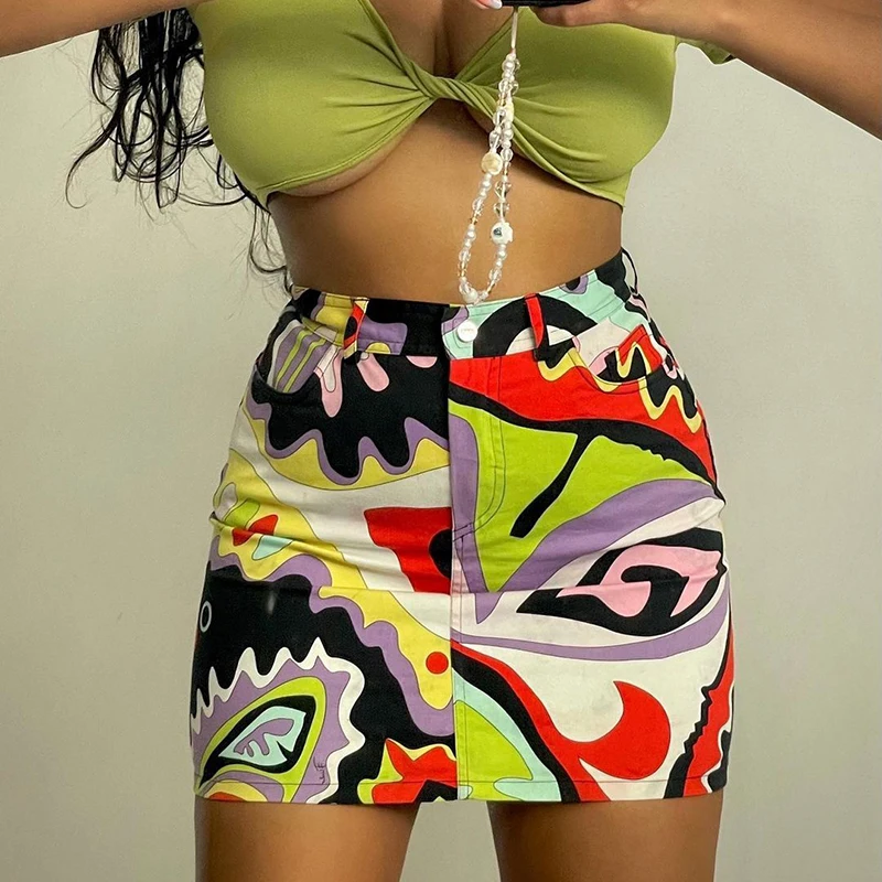 

Y2K Aesthetic Grunge Wrap Bodycon E-girl Colorful Print Mini Skirts Women High Wait Skinny Pencil Short Skirts Harajuku Clothes