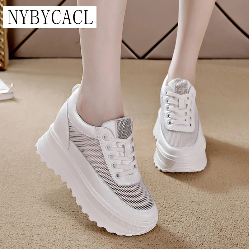 

Women's Chunky Sneakers 2021 Summer Breathable Genuine Leather Women Shoes Rhinestone Female Hidden Heel Sneakers Woman White