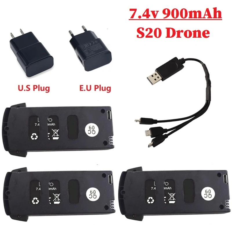Bater&iacute;a Lipo de 7,4 V y 900mAh para cuadric&oacute;ptero teledirigido S20/H78G, piezas de repuesto para S20/H78G, bater&iacute;a recargable de 7,4 v con cargador USB-0