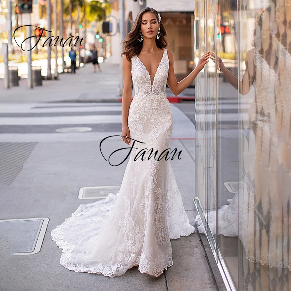 Женское свадебное платье с глубоким V-образным вырезом открытой спиной и юбкой