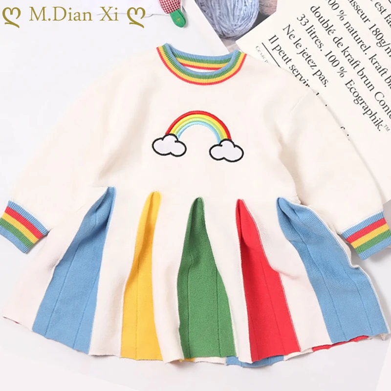 Платье для девочек Осень-зима Радужное вязаное платье платье-свитер детское