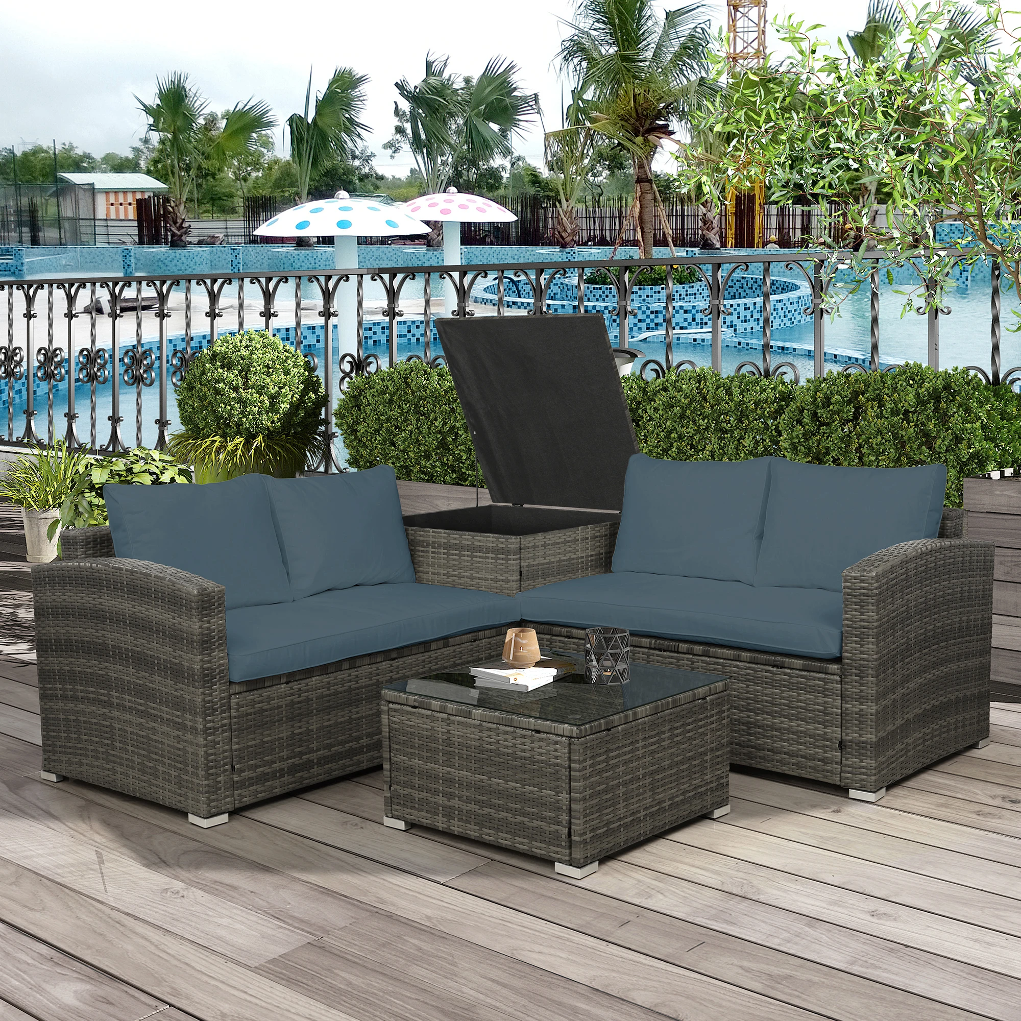 

4PCS Outdoor Patio Garden Furniture Set Cushioned PE Rattan Wicker Sectional 1 Table+2 Loveseat Sofa+1 Storage Box[US-Stock]