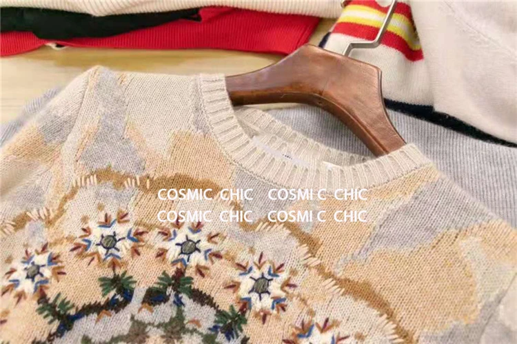 Cosmicchic кашемировый свитер с вышивкой женский вязаный пуловер с длинными рукавами высокое качество элегантный калейдоскоп женский топ