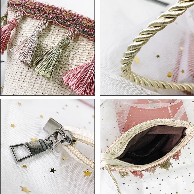 

2021 Vacation Leisure New Beach Shoulder Woven Tassel Straw Mini Bags For Women