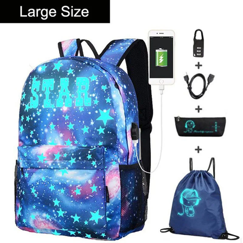 D large size 1 set Аниме светящийся Оксфорд школьный рюкзак на плечо до 15,6 дюймов с usb зарядным портом и замком школьная сумка для мальчика черный - Цвет: D large size 1 set