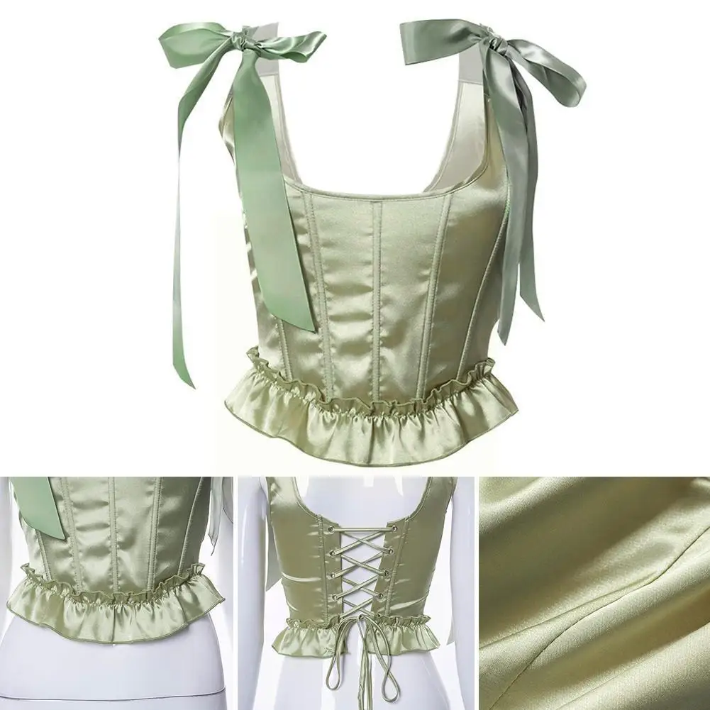 

Green Ruffled Silk Corset Square Collar Tops Backless Corset Streetwears Ribbons Lace Sexy Women Summer Tops Corset Sweety Z6p6