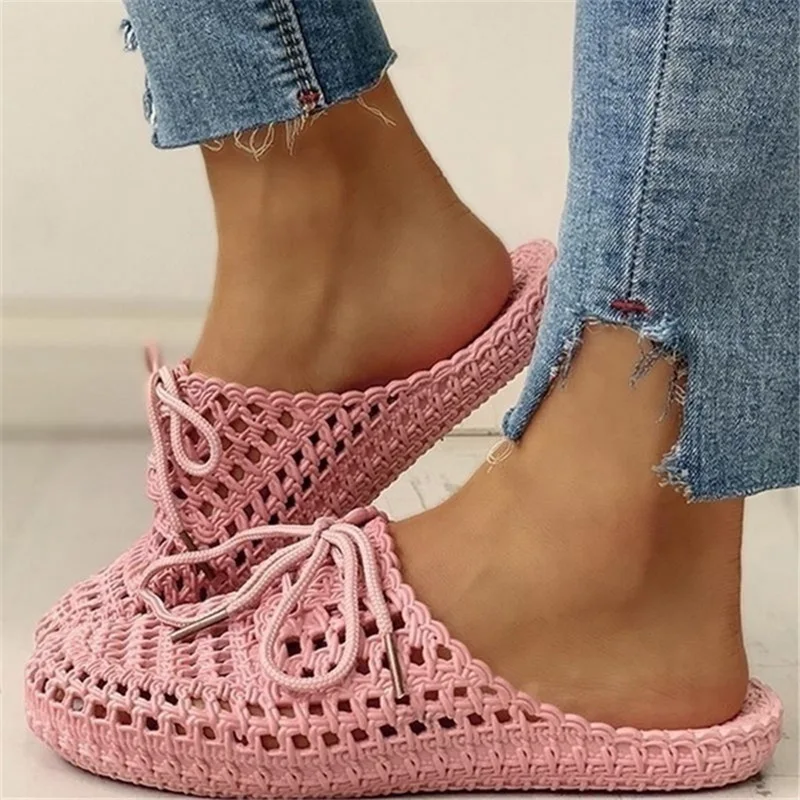 

Summer Slippers Shoes Woman 2020 Closed Toe Breathable Flip Flops Women Hollow Out Lace Up Outdoor Slides Women Flat Dropship