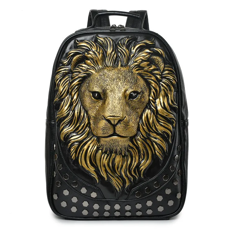 1616 Мужской рюкзак с объемной рельефной головой льва, заклепками и заклепками, женский кожаный мягкий рюкзак для путешествий в стиле панк-рок, школьный рюкзак для ноутбука, сумка для Хэллоуина - Цвет: 1616