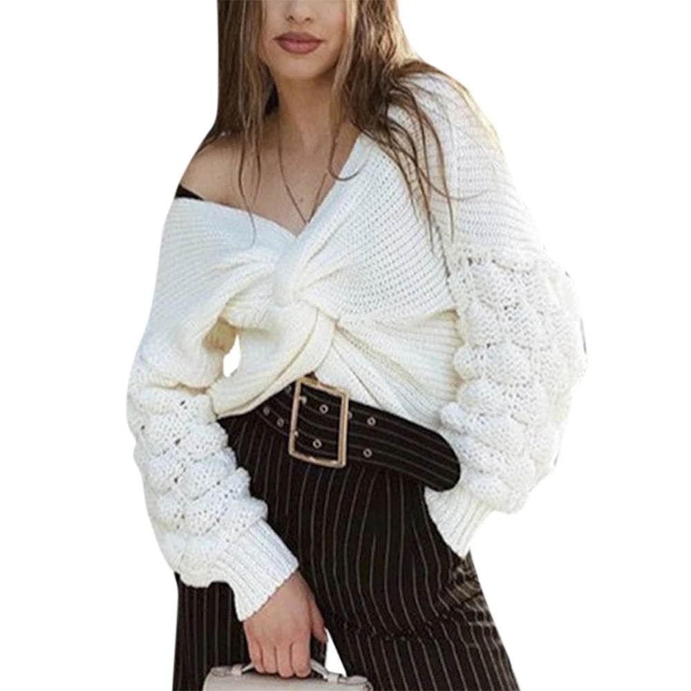 

Solid Women Sweaters Plus Size Knitted Sexy V-neck Pullovers Women Clothing Casual Autumn Knotted Sweaters Women Winter Clothes