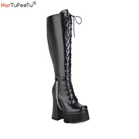 women platform boots chunk block heel knee high shoes metal chain fashion faux leather cross lace up goth punk combat booties