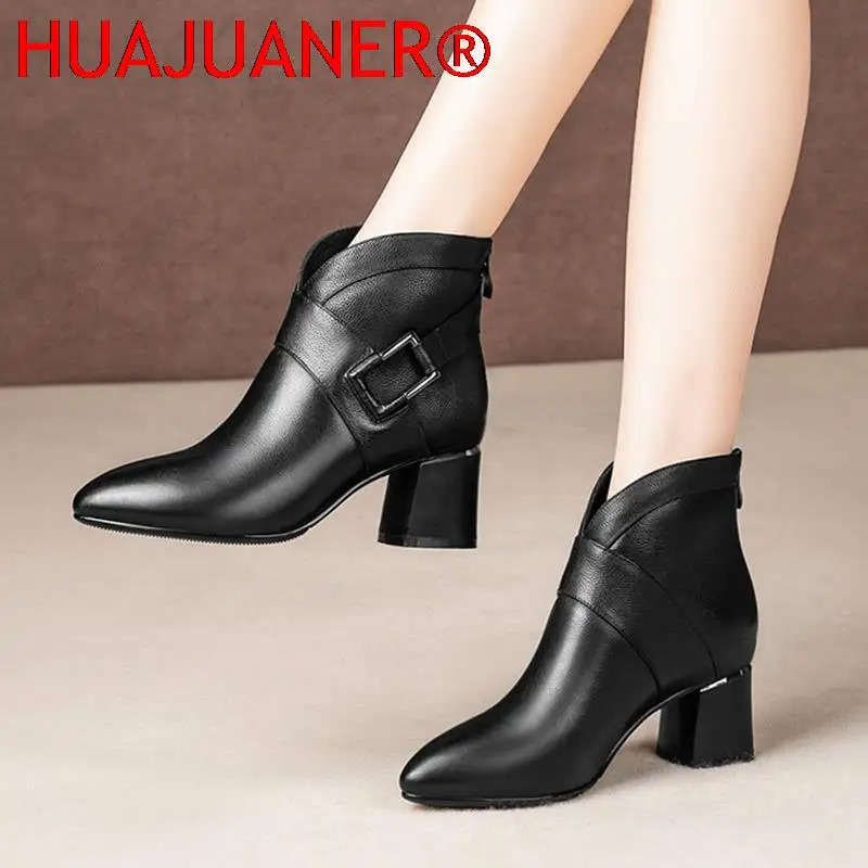 

High Heels Women Ankle Boots Buckle Black Boot Office Work Shoes Woman Botas Mujer Pointed Toe Chunky Heeled Gladiator Boot