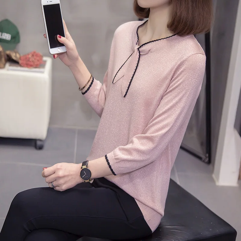 Базовый теплый свитер с люрексом весна-осень женские пуловеры воротником-бантом