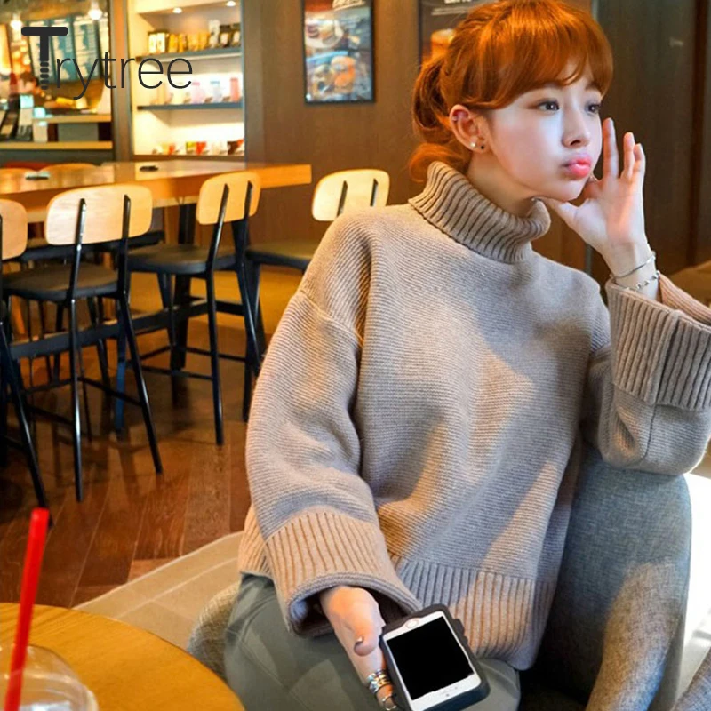 Осень-зима 2020 женский свитер Trytree повседневная водолазка акриловый Однотонный