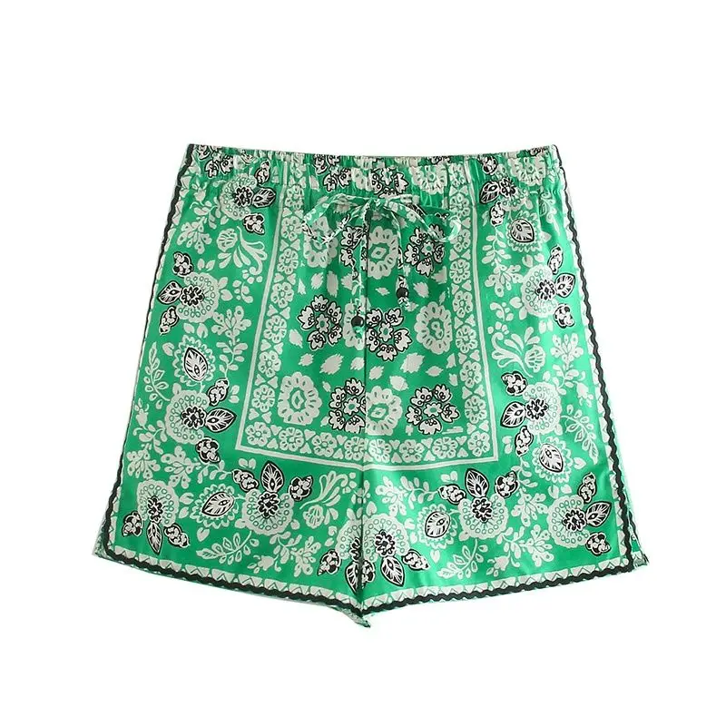 

REUL Za 2021 Women Chic Fashion Flowers Printed Shorts Vintage High Elastic Waist With Drawstring Female Set Short Pants Mujer
