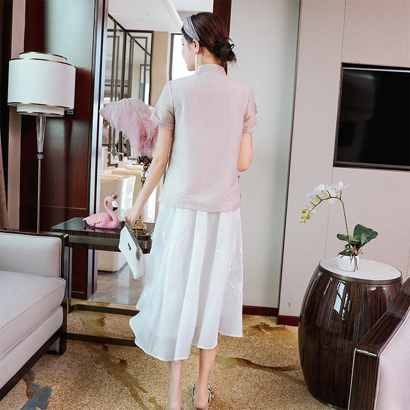 Clothing Top Grade Designer 2020 Summer Vintage Women Tunic Embroidery Short Sleeve Tops Coat+Mid-Calf A-Line Skirt Sets |