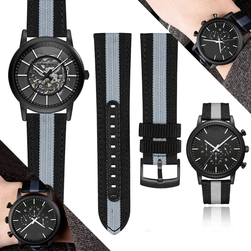 

For Armani watchband AR60008 11242 black knight 1970 1981 Gray men watch Nylon + Genuine Leather Strap Sport fashion 20mm 22mm