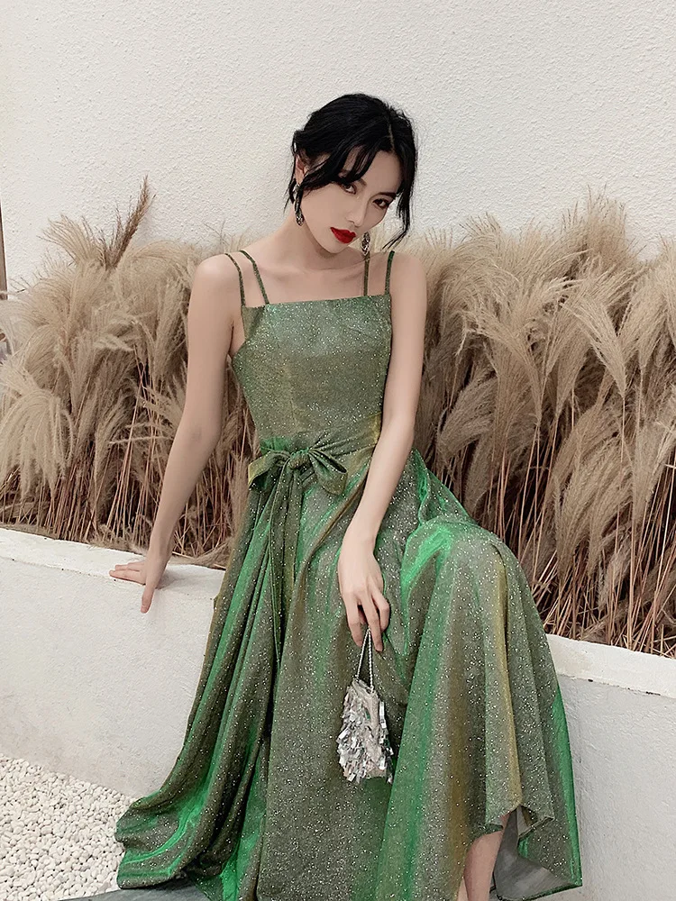 

Женское банкетное вечернее платье, атласное платье на бретельках, с открытыми плечами, с блестками, весна S-3XL