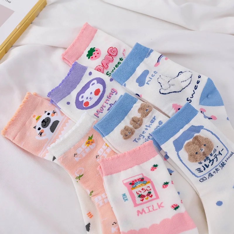 

3pairs/set Ladies Comfortable Cotton Socks New Fashion Cartoon Animal Embroidery Series Women Harajuku Crew Socks