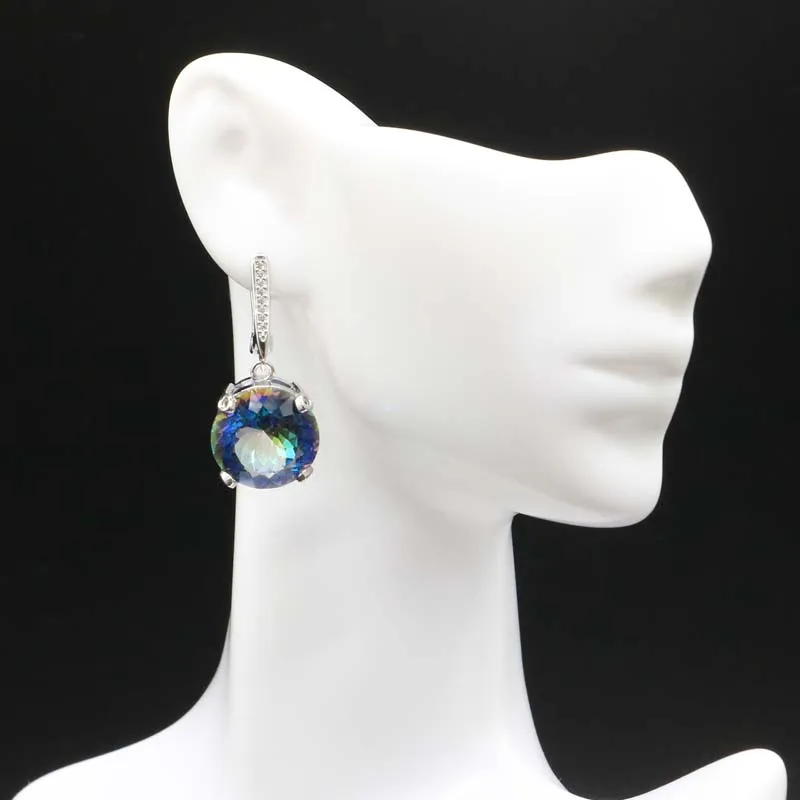 Серьги из серебра с Мистик топазом 32x15 мм SheCrown Created Fire Rainbow CZ подарок для