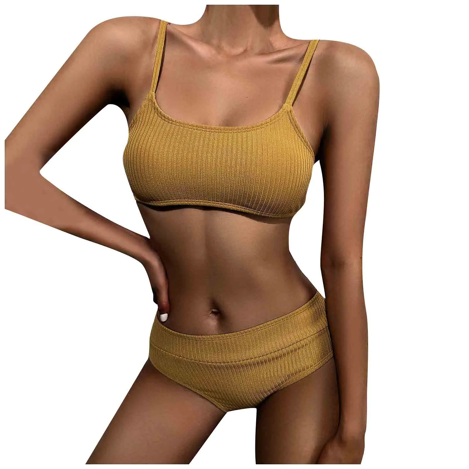 

2021 Fashion Women Solid Color Sexy Push Up Camisole Bikini Sets Two-piece High Waist Swimsuit Bathing Suits For Sexy Ladies #21