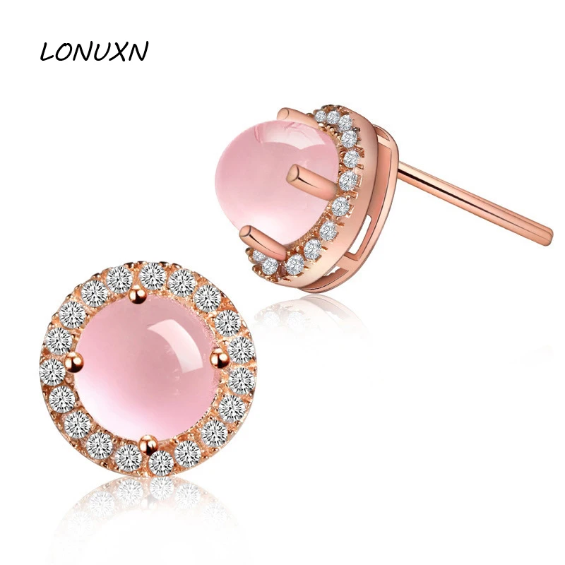 

High Quality A Pairs Pink Crystal Women Jewelry Girls Round Gold Stud Earrings Natural Stone Ross Quartz Fashion Lovers Gift 1cm