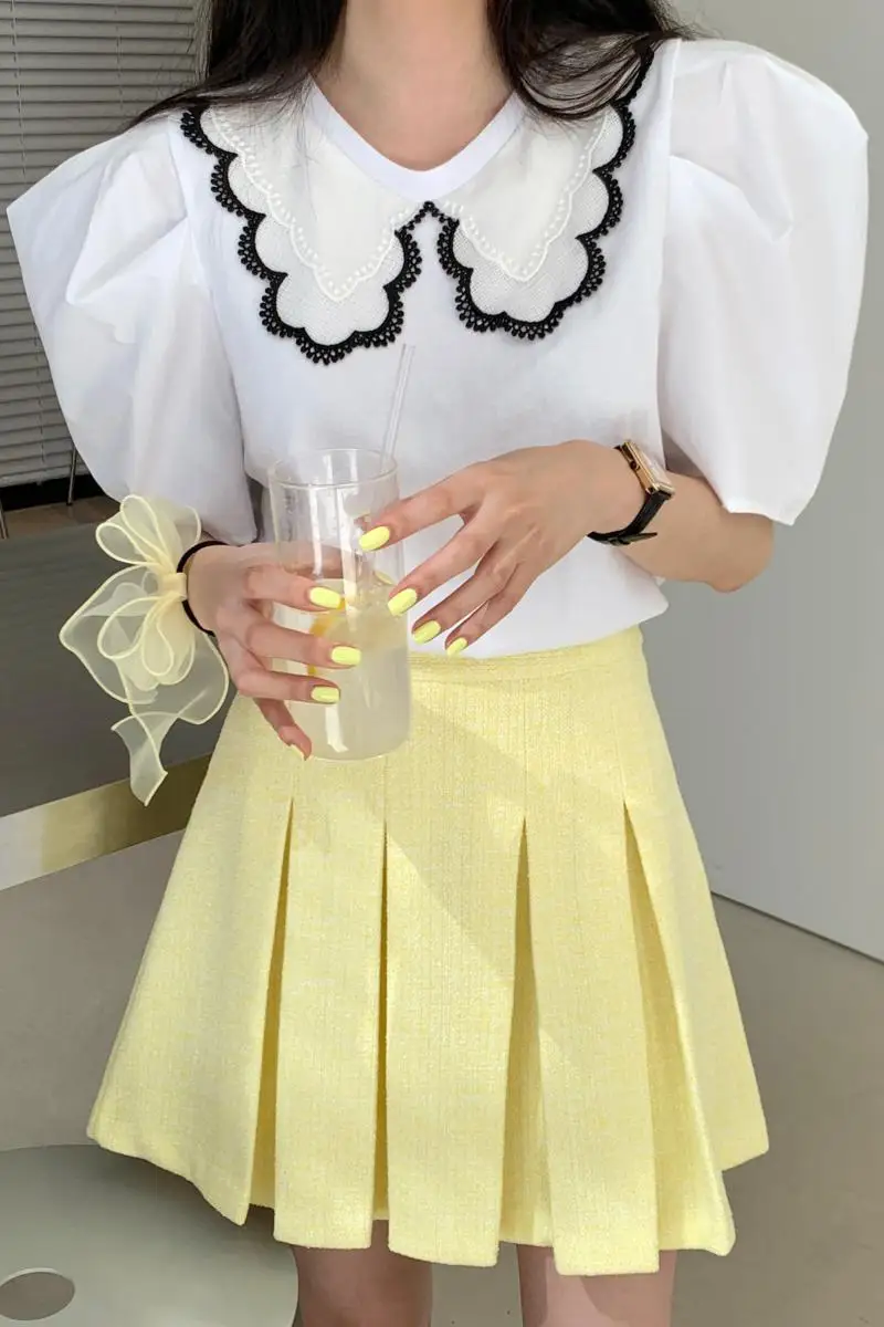 

Korean 2021 Summer Fashion Casual Loose Short Sleeve Solid Top Elegant Peter Pan Collar Lace Women Chic Blouses