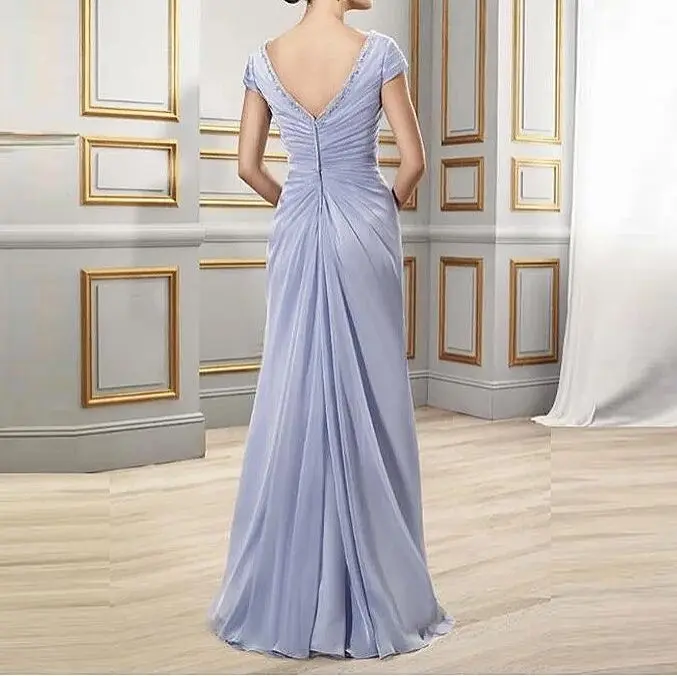 

Blue Purple Sheath Mother Of The Bride Dresses Short Sleeves V Neck Silk Chiffon Ruched Beaded Wedding Guest Evening Formal Gown
