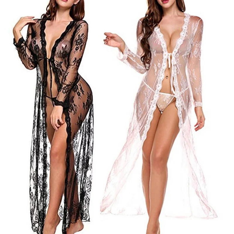 Недавно Для женщин прикрытие халат Прозрачная Кружевная одежда с длинным
