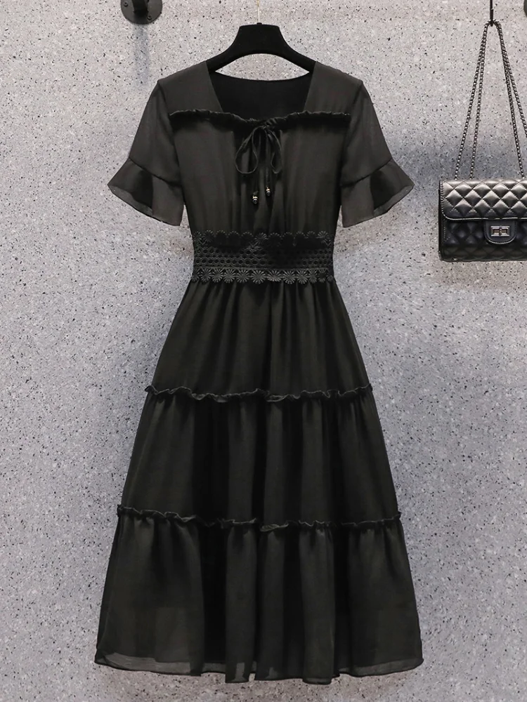 

Chiffon Loose Plus Size Women's Dress New Casual Fashion Dresses Short Sleeve Solid Color Bow Mid-length Summer Houthion